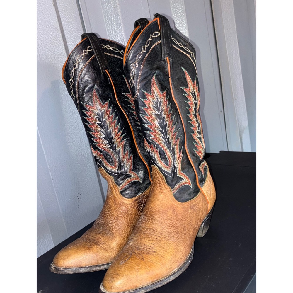 Tony Lama 1614 L Black Tan Leather Western Cowboy Boots 6.5 M Multi Embroidery